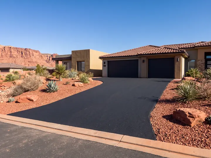 New black asphalt driveway leading to a stucco home with a tile roof, red rock landscaping, and red cliffs on the horizon