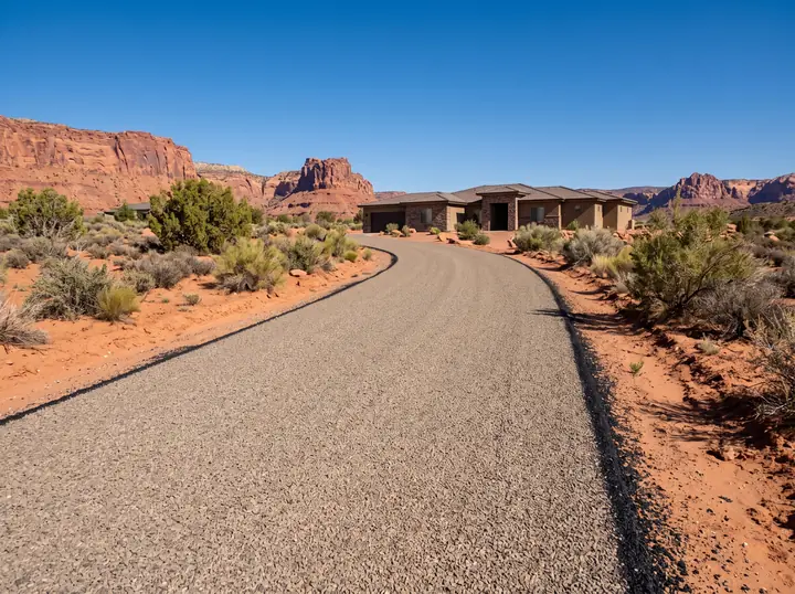 Fresh chip seal road curving through red sand and desert brush toward a stucco home, with red sandstone cliffs behind